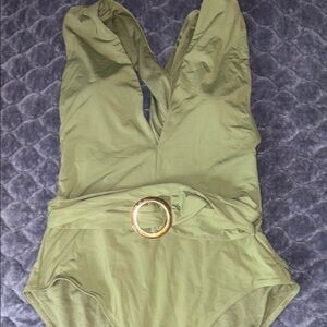 Time and Tru Green One Piece Swimsuit with Plunging V-Neck and Belt